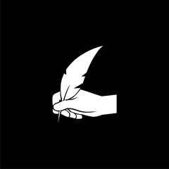 Hand with a feather pen icon isolated on black background