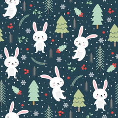 Christmas seamless pattern with bunny background, Winter pattern with white rabbit, wrapping paper, pattern fills, winter greetings, web page background, Christmas and New Year greeting cards