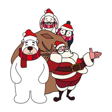 christmas card of santa claus with bag of gifts