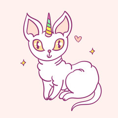 Cute cartoon character cat unicorn, funny magical hand drawn vector illustration. Tee, card print graphic art.