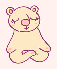 Cute cartoon character bear doing meditation, funny vector illustration. Tee card print graphic art.