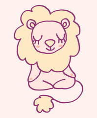 Cute cartoon character lion doing meditation, funny vector illustration. Tee card print graphic art.