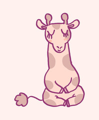 Cute cartoon character giraffe doing meditation, funny vector illustration. Tee card print graphic art.