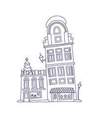 Fototapeta premium Holiday doodle. Hand drawn vector illustration. Decorated Christmas house. Lineart on white background for prints, cards and design.