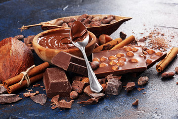 Chocolate bar pieces and melting swirl cocoa. Sweet food photo concept. The chunks of broken chocolate on table