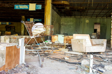 Inside the grocery store. Pripyat, Chernobyl. The building of the destroyed shopping center.