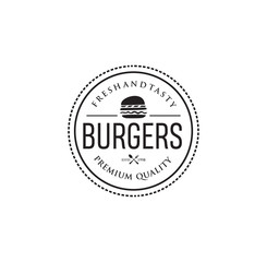Burger Logo Vintage . Vector vintage fast food logo. Hipster natural Burger label, sign. Bistro icon. Street eatery emblem