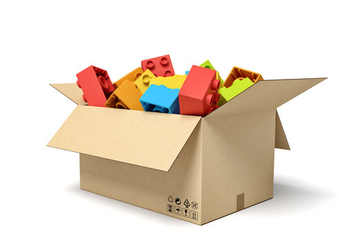 3d rendering of cardboard box full of colorful toy bricks