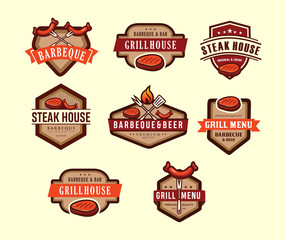 Set of vintage retro badge, label, logo design templates for hotdog, steak house, grill menu. Food logos set. 