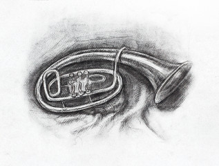The tuba. Largest and lowest-pitched musical instrument in the brass family. Pencil on paper hand drawn illustration
