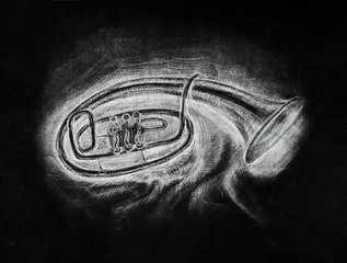 The tuba drawing on black background. Largest and lowest-pitched musical instrument in the brass family. Pencil on paper hand drawn illustration