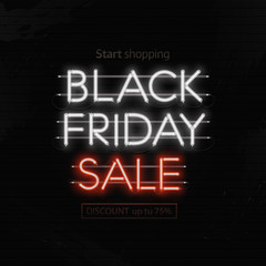 Obraz premium Black Friday neon banner, poster, sign. Dark web banner with neonon brick wall