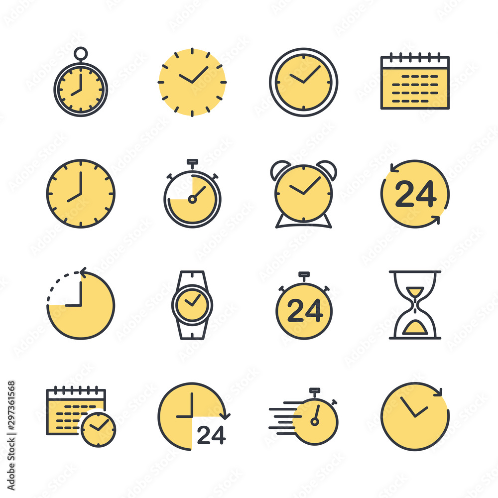 Fototapete Simple Set of Time icon template color editable. Contains such Icons as Time Inspection, Log, Calendar and more symbol vector sign isolated on white background for graphic and web design.