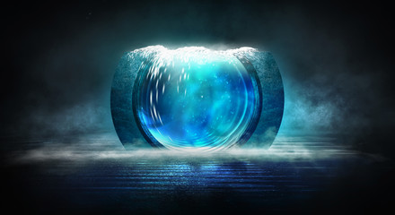 Dark abstract futuristic background. Scene with stairs up. Seabed, large abstract aquarium, sea waves. Blue neon light, concrete floor reflected in water.