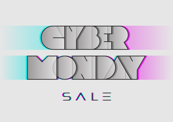 Obraz premium Light banner on the sale with Cyber Monday lettering in retro style. Typography with glitch effect. Vector illustration for sale offers.