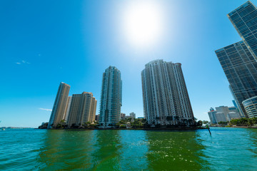 Skyscrapers and turquoise water in Miami riverwalk on a sunny day