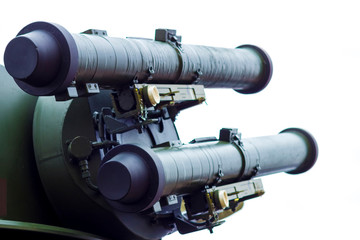 Military equipment. The barrel of a large-caliber gun. The barrel is directed to the right and up.