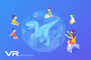 Children looking on Dinosaur in Virtual Glasses. Virtual Reality VR Education Online Isometric Flat vector illustration.