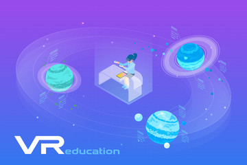 Astronomy Learning in Virtual Reality isometric flat vector illustration. Girl in VR Glasses sitting near the Planets in virtual space.