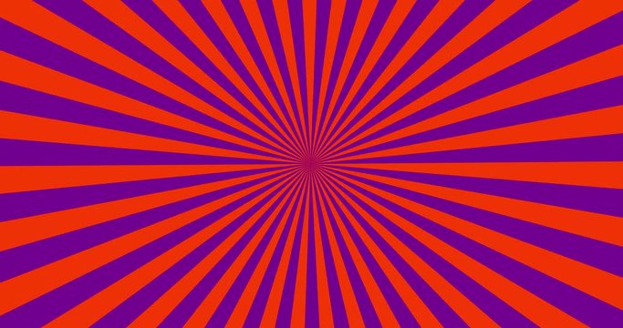 Purple and orange sun ray rotary striped seamless pattern. Colorful moving lines in circle shape. Decorative illustration.