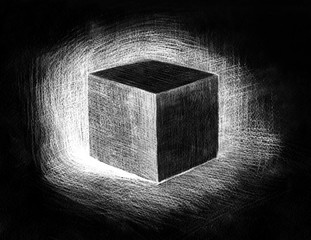 Black cube white pencil drawing on black paper