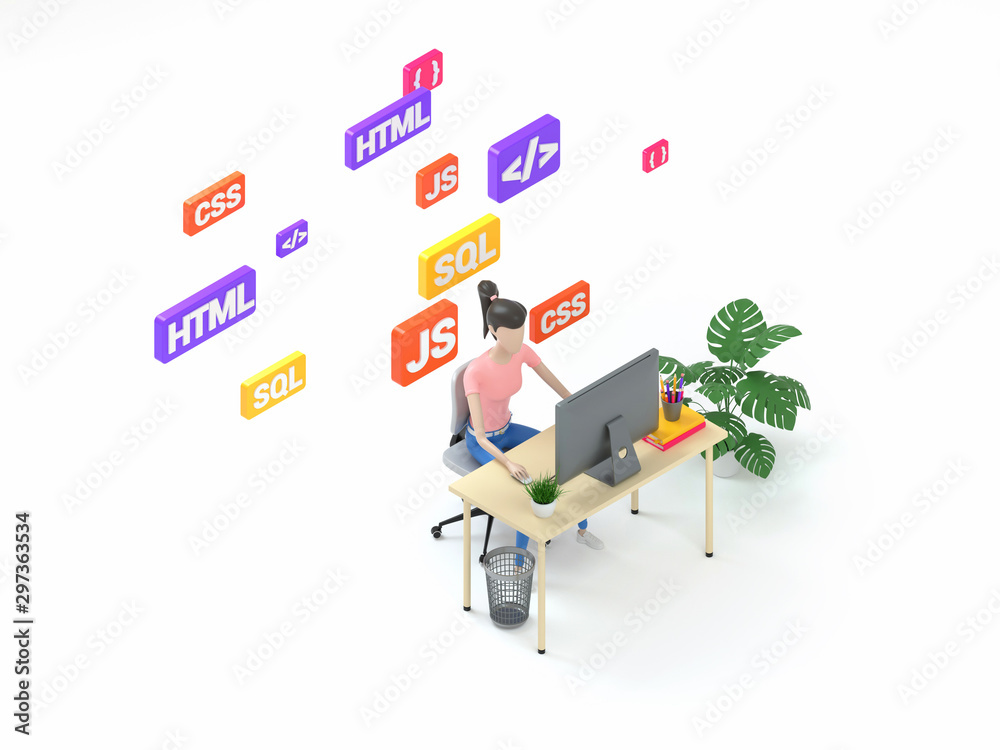 Wall mural female frontend developer sitting at a table in the modern office. digital technology concept learni