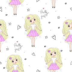 cute little girl vector seamless pattern illustration