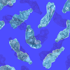Plastic bolttles on blue background seamless pattern.  Non-recyclable trash hand drawn illustration.