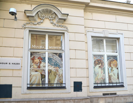 PRAGUE, CZECH REPUBLIC - MAY 25, 2014: Facade of Alfons Mukhi Museum