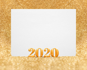 Gold new year 2020 (3d rendering) with blank white greeting card in golend sparkling glitter studio room   bokeh,mock up template for display of design or use as invitaion card