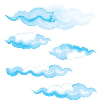Blue vector watercolor clouds on white background