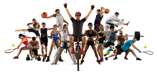 Sport collage. Cycling, tennis, soccer, taekwondo, fitness, bodybuilding, fighter and basketball players