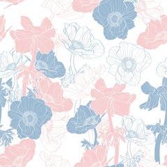 Anemone. Seamless pattern of pink blue line flowers. Floral background.