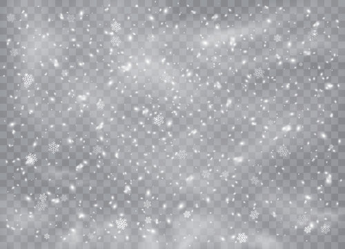Falling. Snowflakes, snow background, snow flakes. Christmas snow for the new year.  Heavy snowfall, snowflakes in different shapes and forms. Vector illustration