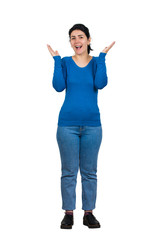 Excited emotive girl smiles broadly, spreads hands or applause, full length portrait against white,...