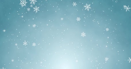 Snowflakes and bokeh lights on the blue Merry Christmas background. 3D render