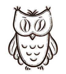 Coffee Owl with eyes coffee-beans in sketch hand drawn style on white background