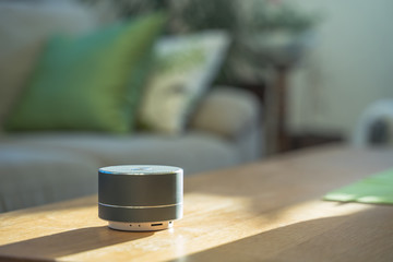 voice controlled smart speaker in a interior home environment. 