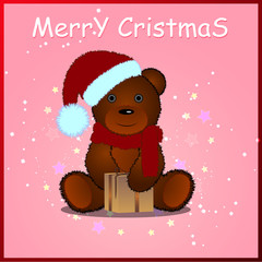 Vector illustration on a white background. Sitting fluffy cute brown teddy bear with a red Christmas Santa Claus hat. Children's toy isolated.