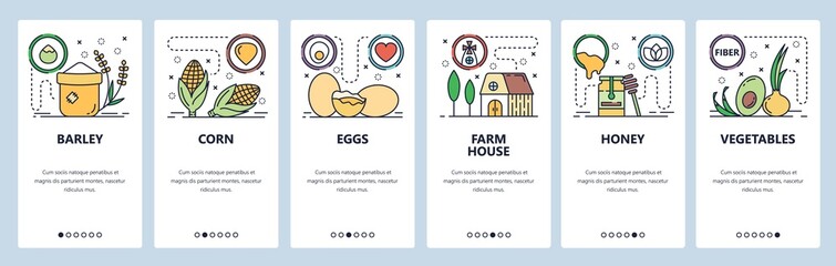 Mobile app onboarding screens. Farm house, agriculture products, barley, honey, vegetables. Menu vector banner template for website and mobile development. Web site design flat illustration