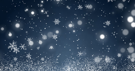Snowflakes and bokeh lights on the blue Merry Christmas background. 3D render