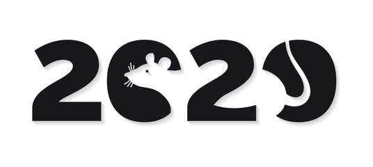 Logo 2020 happy new year, Christmas. Vector flat illustration with a silhouette image of a mouse. The rat is the talisman of the eastern calendar.