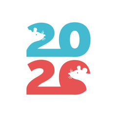 Logo 2020 happy new year, Christmas. Vector flat illustration with a silhouette image of a mouse. The rat is the talisman of the eastern calendar.