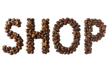 A word shop laid out of roasted fragrant coffee beans on a white background