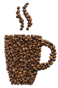 An image of a coffee cup lined with roasted aromatic coffee beans isolated on a white background	
