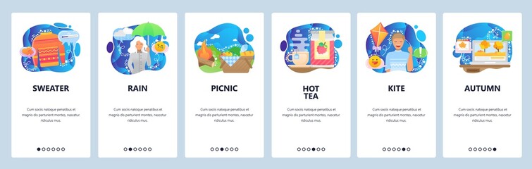 Mobile app onboarding screens. Weather forecast, autumn rain, woman with umbrella, hot tea and outdoor picnic. Vector banner template for website and mobile development. Web site design illustration