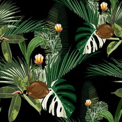 Exotic leaves and branches, many kinds of plants, cacti and coconut seamless pattern. White background.