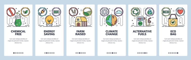 Mobile app onboarding screens. Green energy, global warming and climate change, eco bag. Menu vector banner template for website and mobile development. Web site design flat illustration