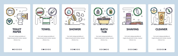 Mobile app onboarding screens. Toilet and bathroom accessories, paper, shower, bath tub, shaving. Menu vector banner template for website and mobile development. Web site design flat illustration