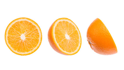 Sliced orange close-up. Three parts of an orange. Parts of an orange isolate on a white background.